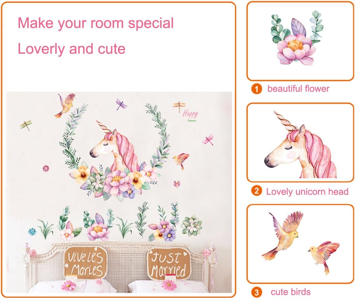 Cute Pink Lovely Unicorn with Flower Wall Sticker for Room Decor - Image 5
