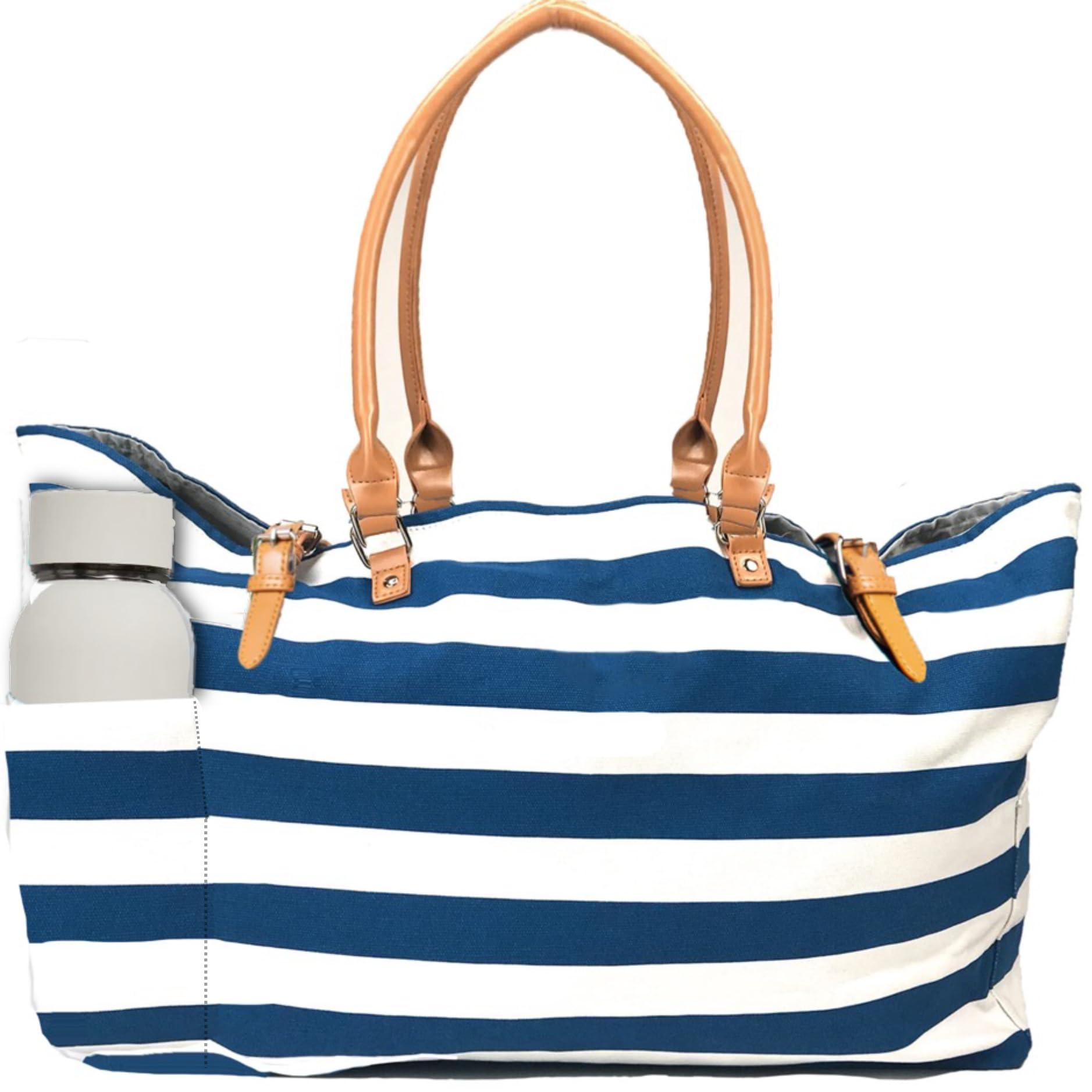 Keho Waterproof Beach Bag with Pockets For Women (Sandproof), Blue/White Stripes, L