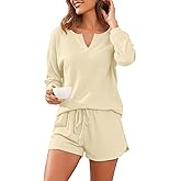 PrinStory Pajamas Set for Women Waffle Knit Lounge Set 2 Piece Outfits Matching Sets Loungewear Sweatsuit with Pockets