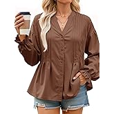Cicy Bell Womens Button Down Shirts Pleated V Neck Puff Long Sleeve Dressy Tops Loose Fit Casual Cute Blouse