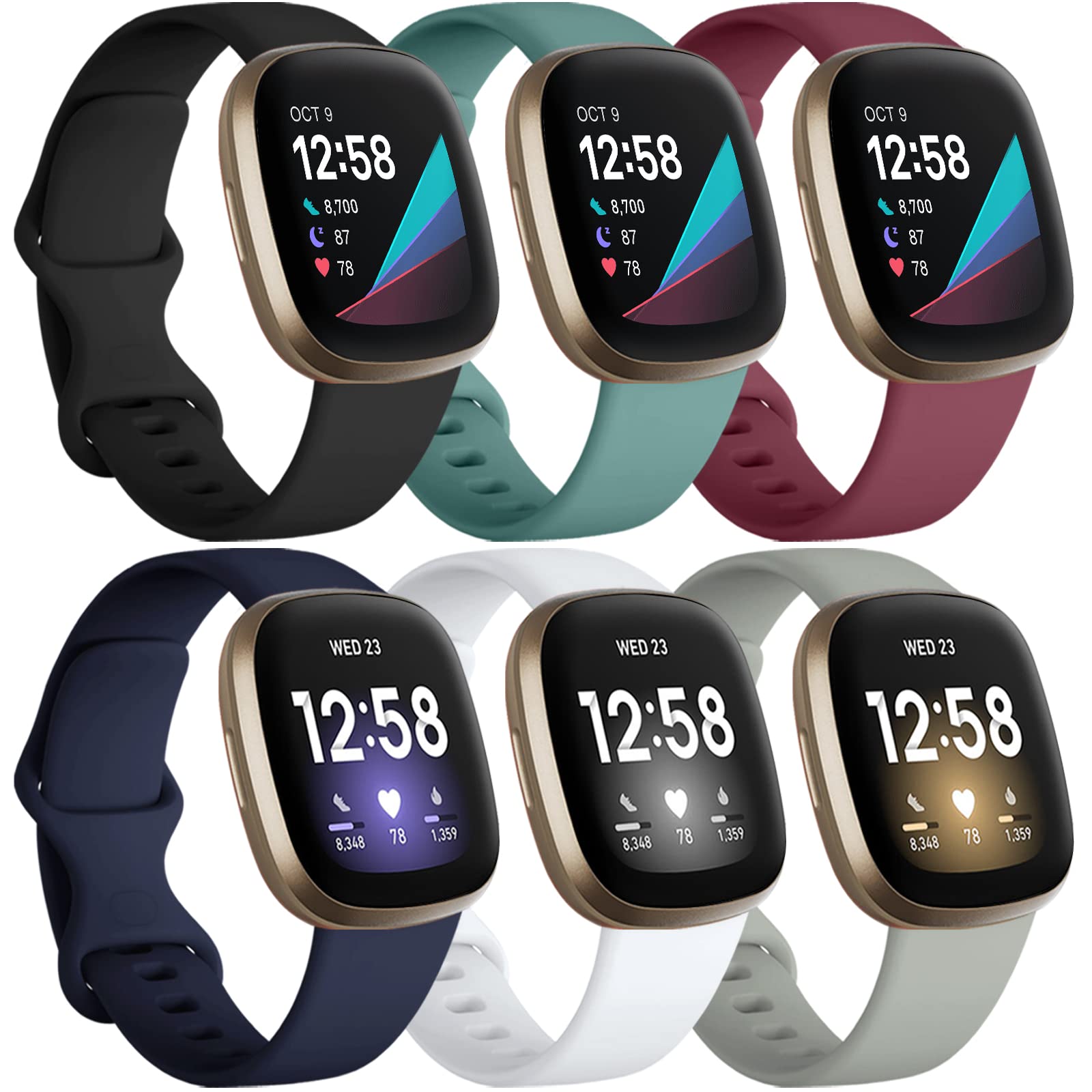 Charlam 6 Pack Straps Compatible with Fitbit Versa 3/ Versa 4 Straps/Fitbit Sense/Sense 2 Strap, Soft Sport Watch Strap Replacement Wristbands for Women Men, Large, Dark Colours — image 1