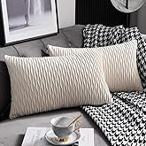 DEZENE Ivory White Couch Pillow Covers: 2 Pack 12x20 Inch Original Striped Velvet Rectangular Throw Pillow Cases for Farmhouse Home Decor