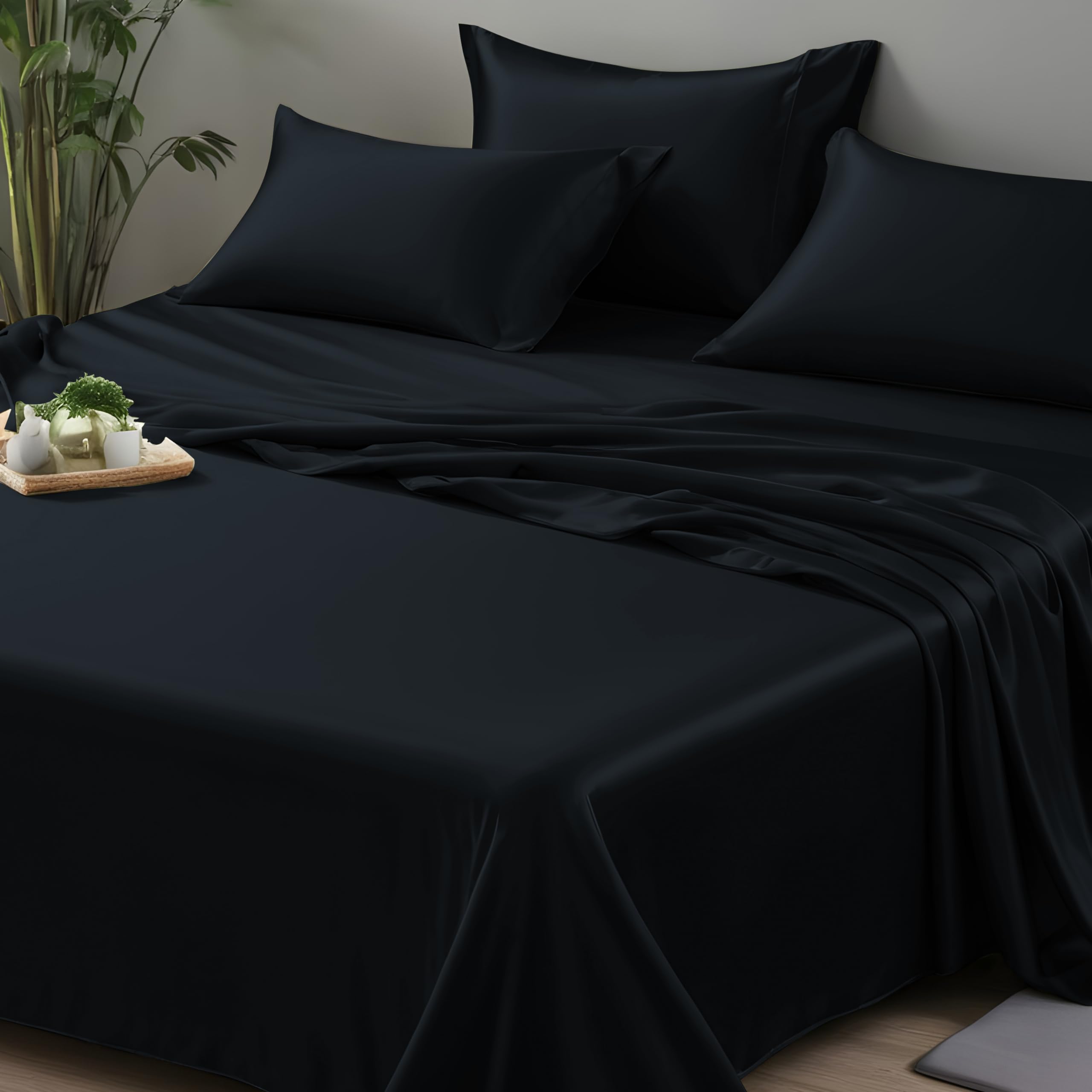 LINENWALAS 100% Organic Bamboo Flat Sheet Only, Softest Cooling Luxury Bedding Flat Bed Sheet Perfect for Hair and Skin (King, Jet Black)