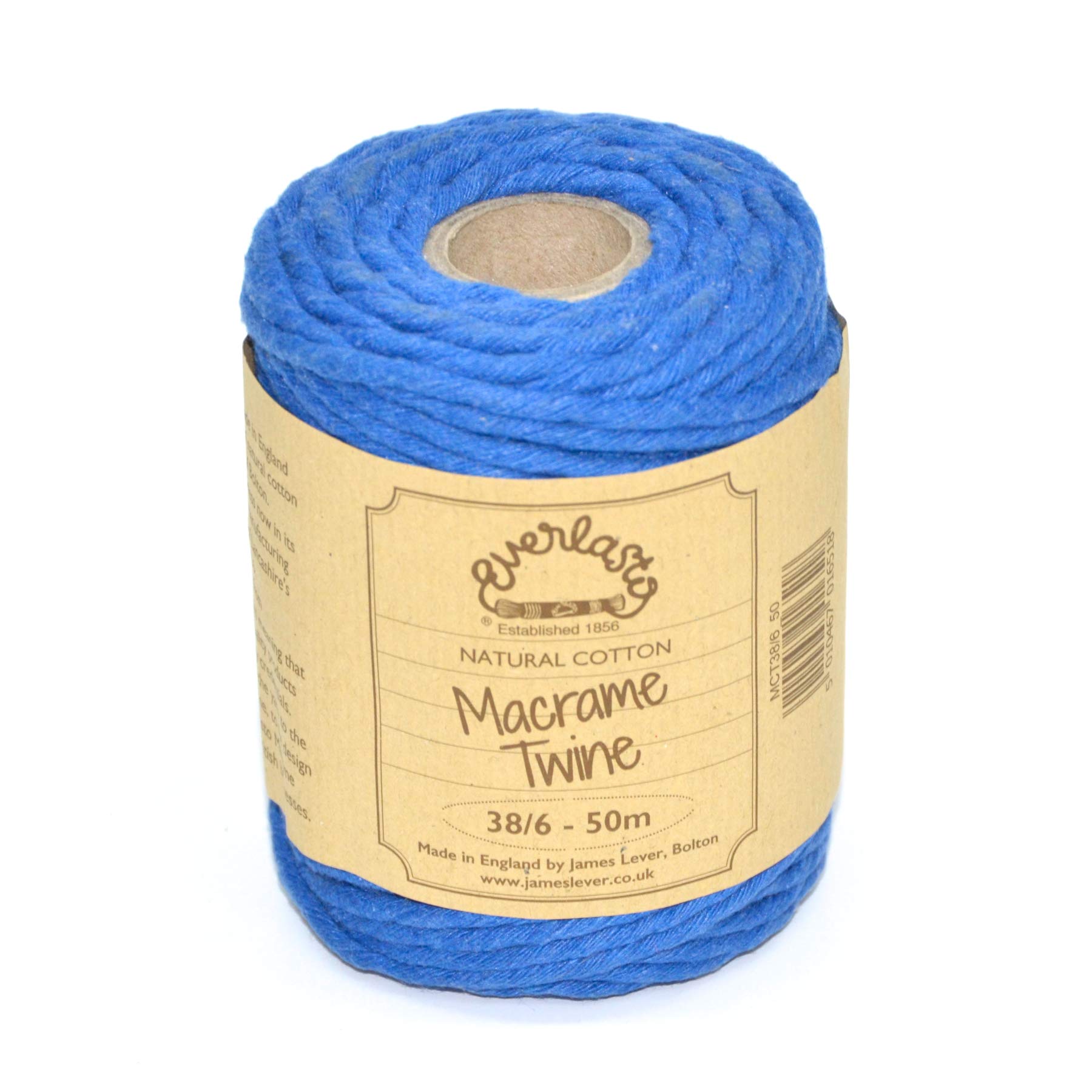 50M Spools - Everlasto Single Twist Soft Cotton Coloured Macrame Craft Twine 38/6 (4mm approx) (Oxford Blue)