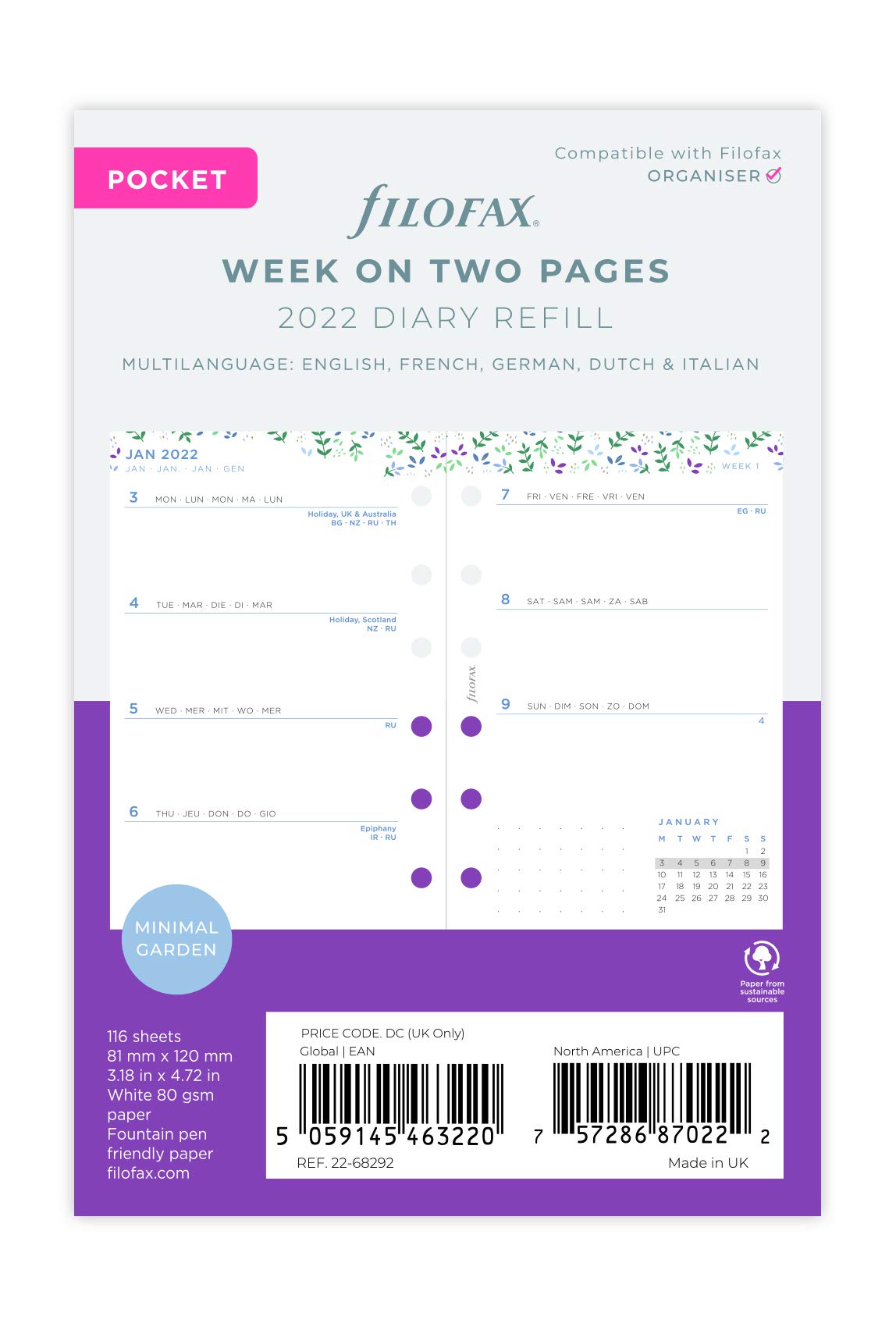Filofax Pocket Garden Week to View Diary - 2022