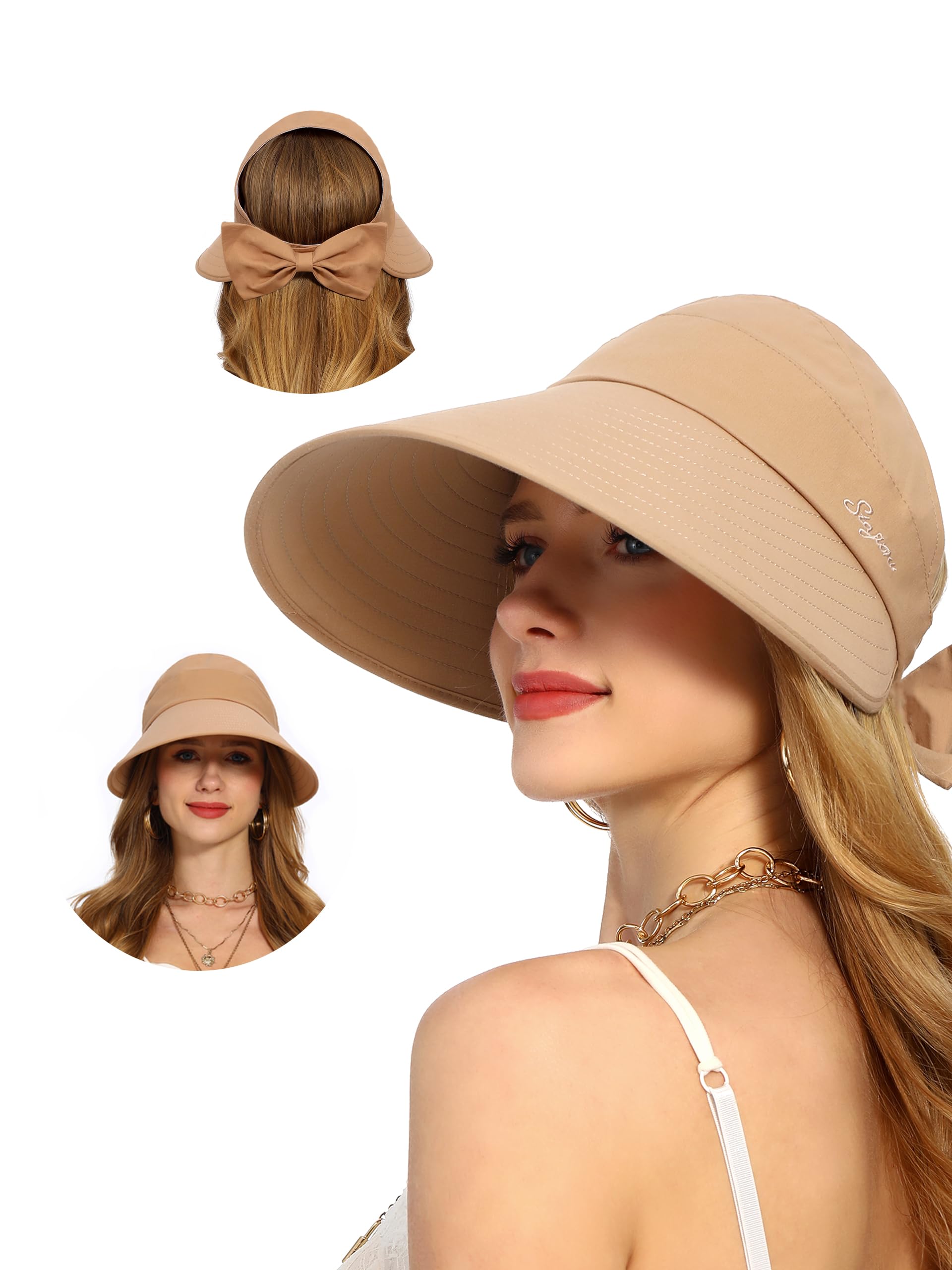 4 Pack Straw Sun Visor Hats for Women UPF 50+ Wide Brim Ponytail Womens Wide Brim Sun Visor Hat Straw Ponytail Beach Hat UPF  main image 3