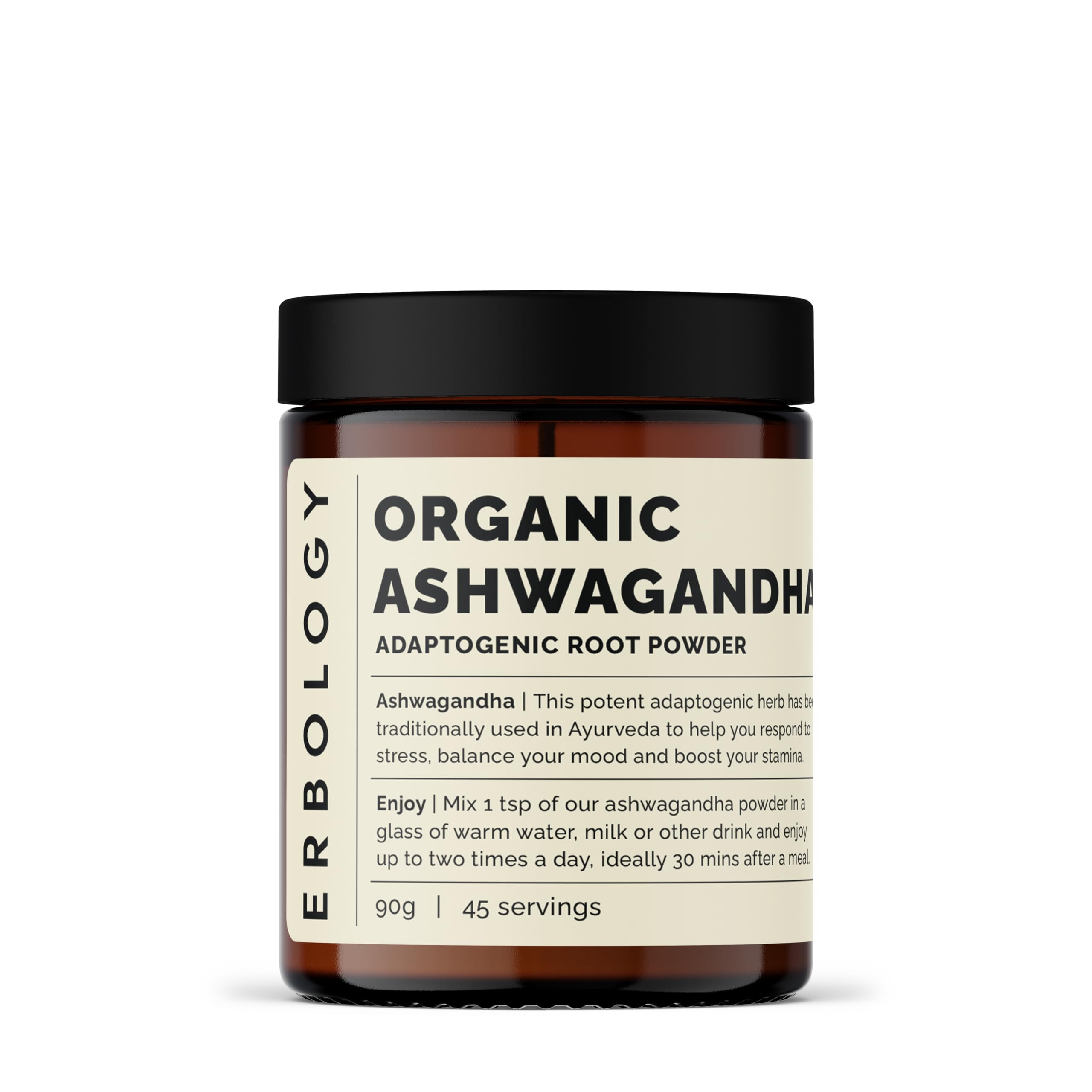 Erbology Organic Ashwagandha Powder 90g - 45 Servings - Sleep Aid - Rich in Withanolides - Sustainably Sourced Straight from Farm in India - Small Batch - Vegan - GMO-Free - Recyclable Glass Jar