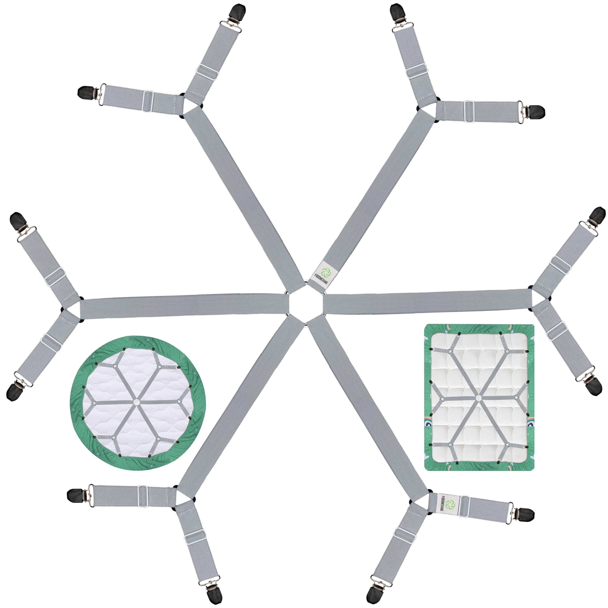 FIBOOMERANG Bed Sheet Clips - Fitted Sheet Straps for Bedding, Sheet Grippers and Mattress Straps with 6 Way Crisscross Elastic Bands Bedsheet Holder Suspenders Fasteners, Gray