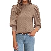 PRETTYGARDEN Womens Puff 3/4 Sleeve Tops 2025 Trendy Spring Summer Mock Neck Texture Knit T Shirts Work Casual Dressy Blouses
