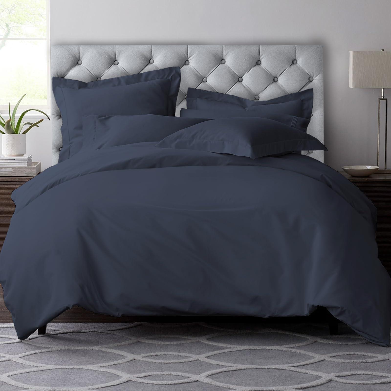 Pizuna Pure Combed Cotton Duvet Cover Set King Size Dark Blue, 600 Thread Count 100% Long Staple Cotton King Size Duvet Cover 230x220cm, Sateen Quilt Cover with Button Closure (King Duvet Cover)
