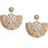 Just Follow Fan-shaped Raffia Earrings Handmade Rattan Fringe Tassel Lightweight Straw Wicker Dangle Drop Earrings Bohemian Jewelry