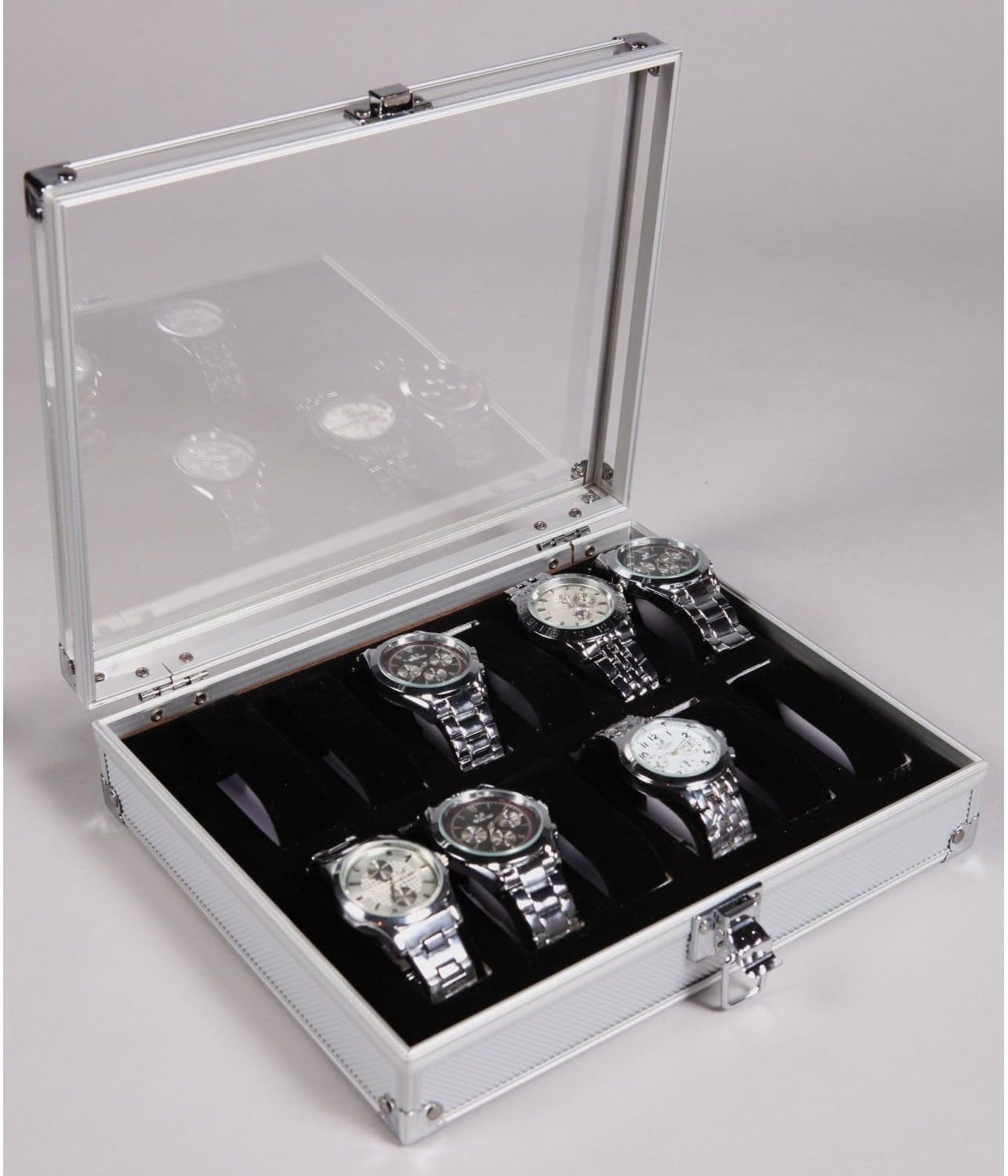 Coco Digital Silver Aluminium 12 Watch Display Case Box Perspex Lid Wristwatch Showcase