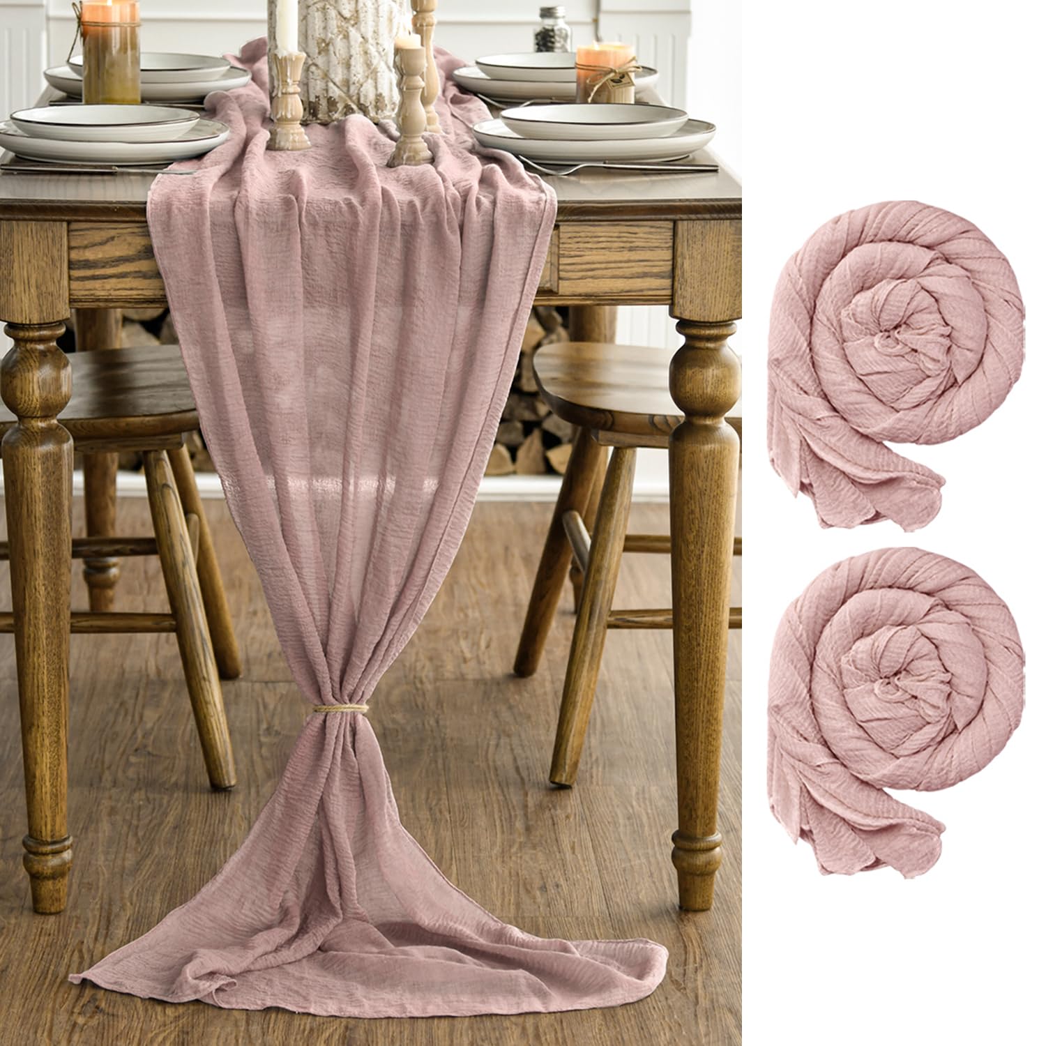 Artoid Mode Boho Dusty Pink Gauze Wedding 2 Packs Cheesecloth 300 cm Table Runner, Bridal Fabric Kitchen Dining Holiday Table Decor for Home Party