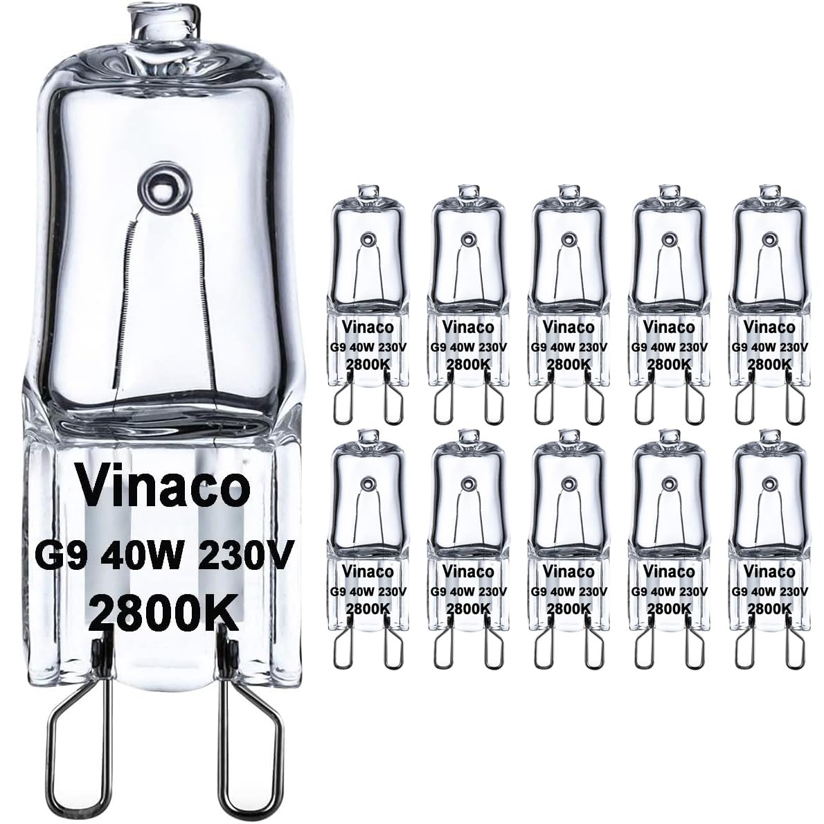 Vinaco G9 Halogen Bulb 40W, 10 Pack G9 Bulbs Warm White 2800K, G 9 Halogen Dimmable No Strobe, No Flicker G 9 Capsule Bulb, Long Lasting 40W Bulbs for Ceiling Lights, Table Light, Cabinet Lights