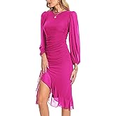 Huasemy Women's Bodycon Midi Dress Fall Long Sleeve Ruched Ruffle Hem Mermaid Cocktail Wedding Guest Dresses