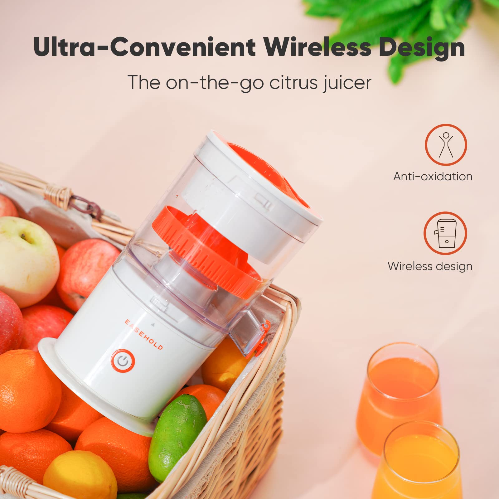 EASEHOLD Electric Citrus Juicer, Portable Juicer Rechargeable with 2 Juicer Cones and USB, Orange Juice Squeezer for Lemon, Lime, Grapefruit - Automatic Electric Fruit Juicer Hands-Free