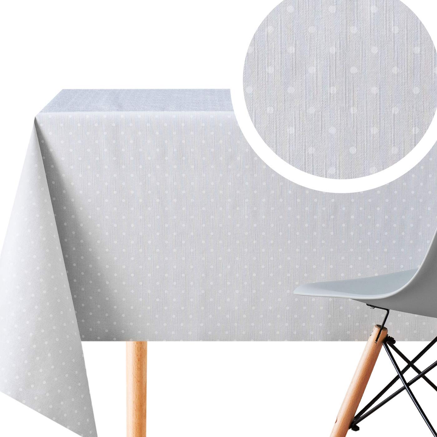 KP HOME Premium Wipe Clean Tablecloth - Polka Dot Waterproof PVC Table Cloth - Rectangular 250 x 140 cm Plastic Table Cover - Wipeable Vinyl Oilcloth for Kitchen, Dining & Outdoor - Light Grey