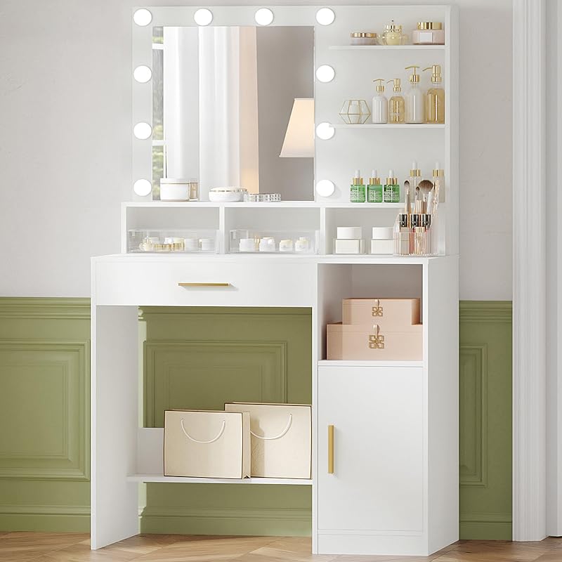 Hzuaneri Dressing Table with Mirror 10 Bulb Lights White