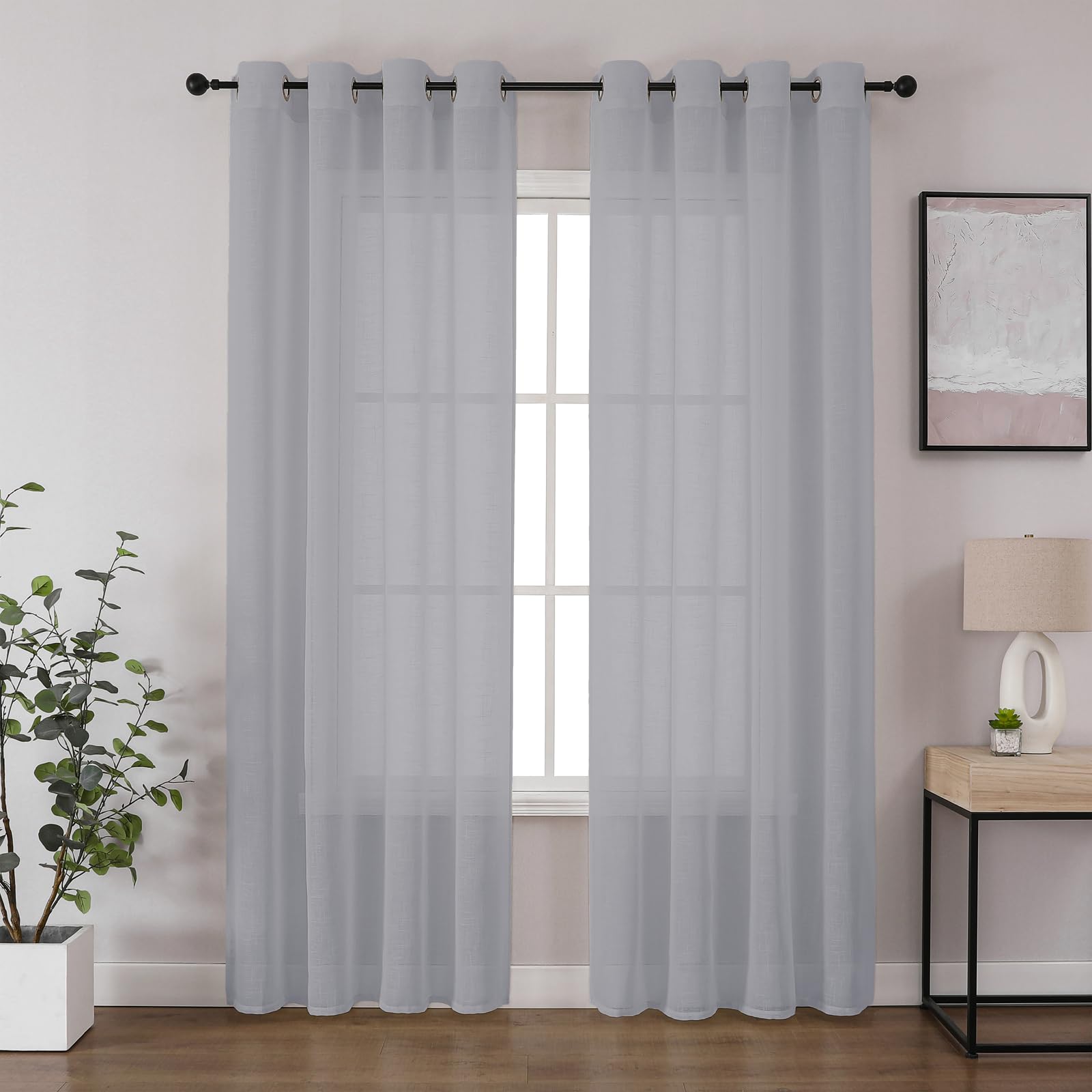 CUCRAF Voile Curtains Grey Blue 90 Inch Drop 2 Panels with Eyelet Linen Net Curtains for Windows Sheer Curtains for Bedroom Kitchen Dormitory Home Decoration