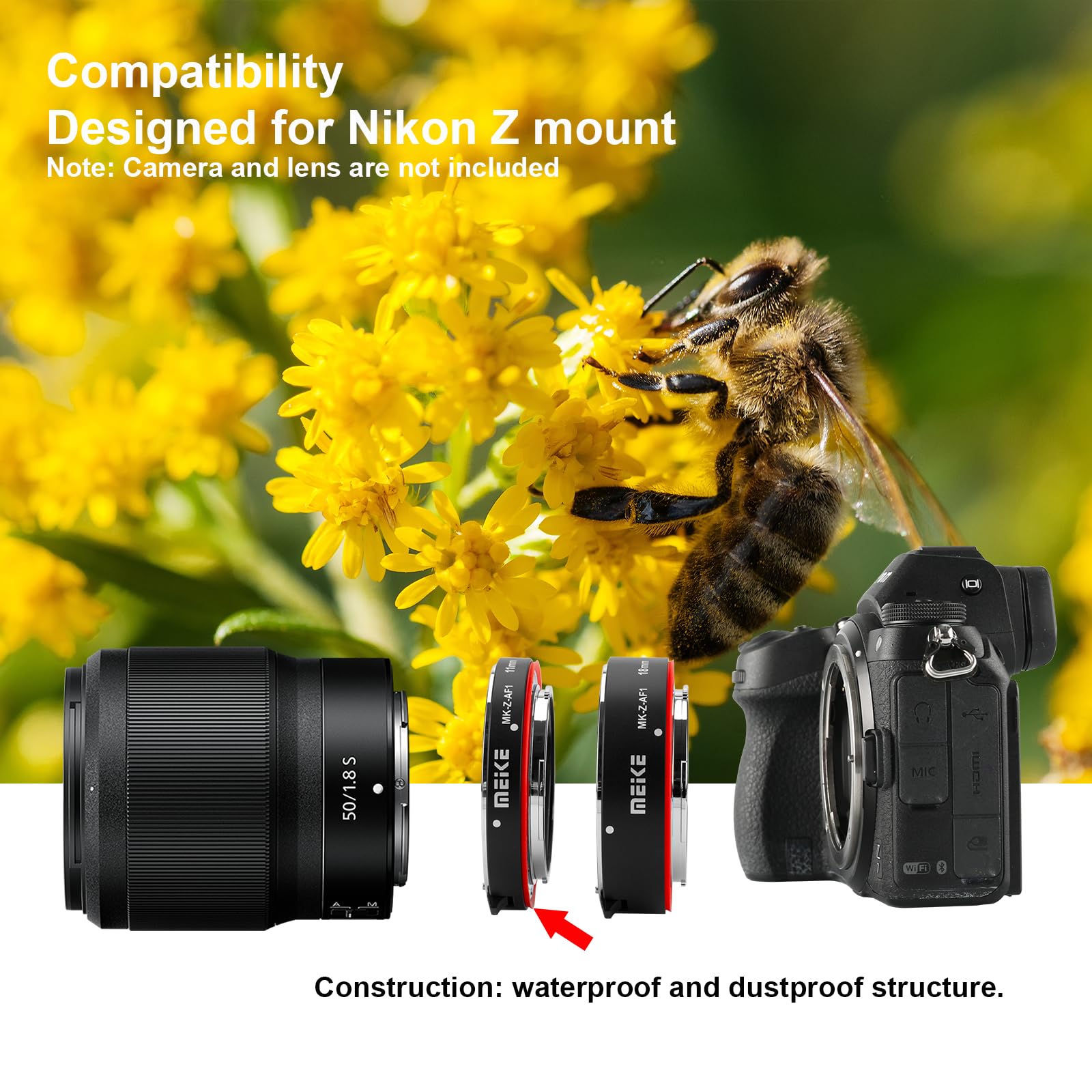 Meike MK-Z-AF1 Metal Auto Focus Macro Extension Tube Adapter Ring (11mm+18mm) Compatible with Nikon Z5 Z6 Z7 Z6II Z7II Z30 Z50 Z fc