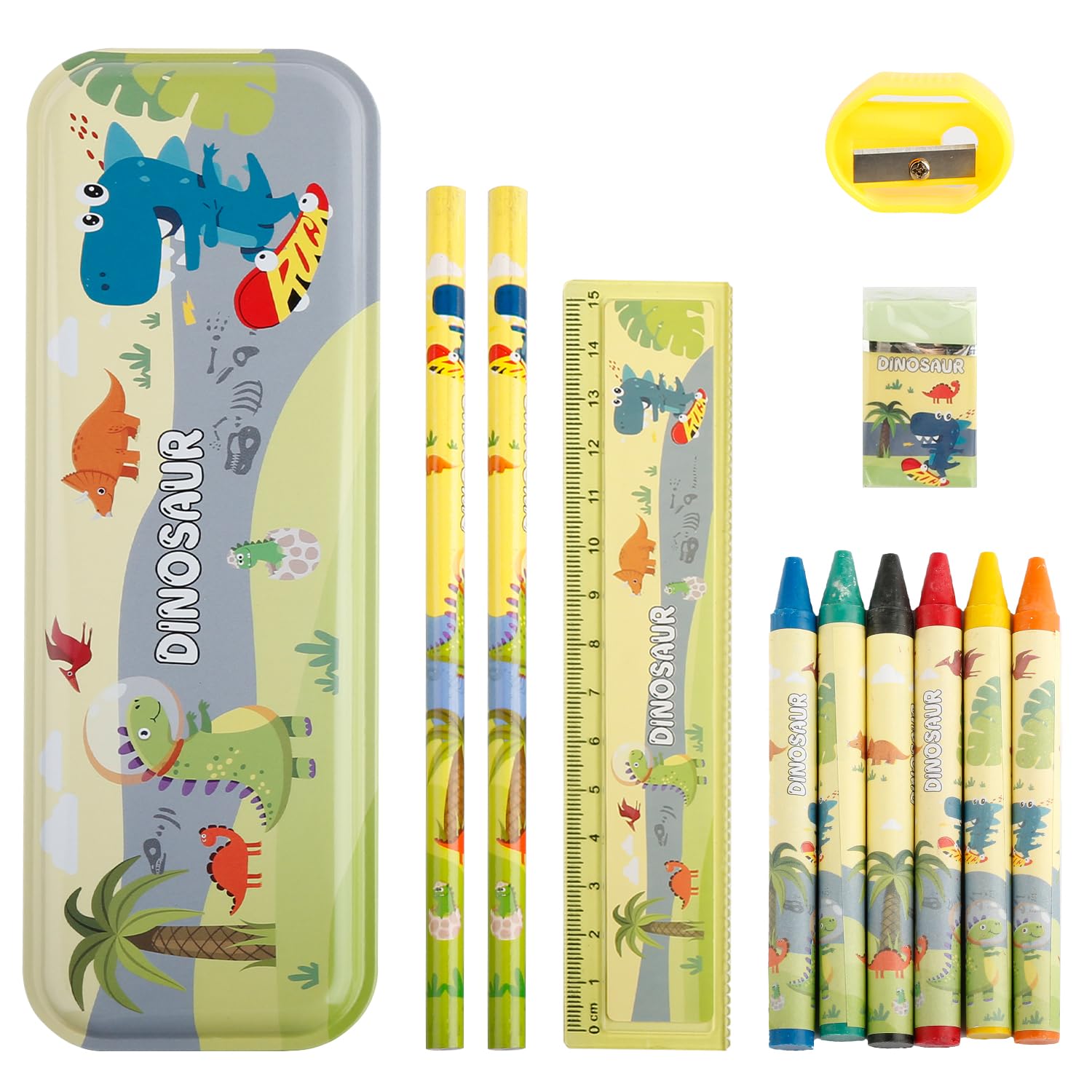 Tabanzhe Stationery Sets,Cute School Stationery Gift Set with 1 Pencil Case,2 Pencils,6 Crayons,1Ruler,1Pencil Sharpener,1 Eraser(Dinosaur)