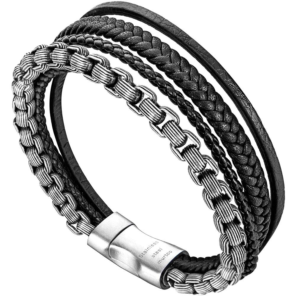 Murtoo Mens Bracelet Leather Braided Stainless Bracelet Black Brown Leather Silver Black Chain Magnetic Clasp Gift for Men (Black Silver, 8.3)