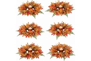 Umigy Set of 6 Fall Votive Candle Holders Thanksgiving Centerpieces Fall Candle Rings Wreaths with Glass Votive Tealight Holders for Table Decor(Daisy,Orange)