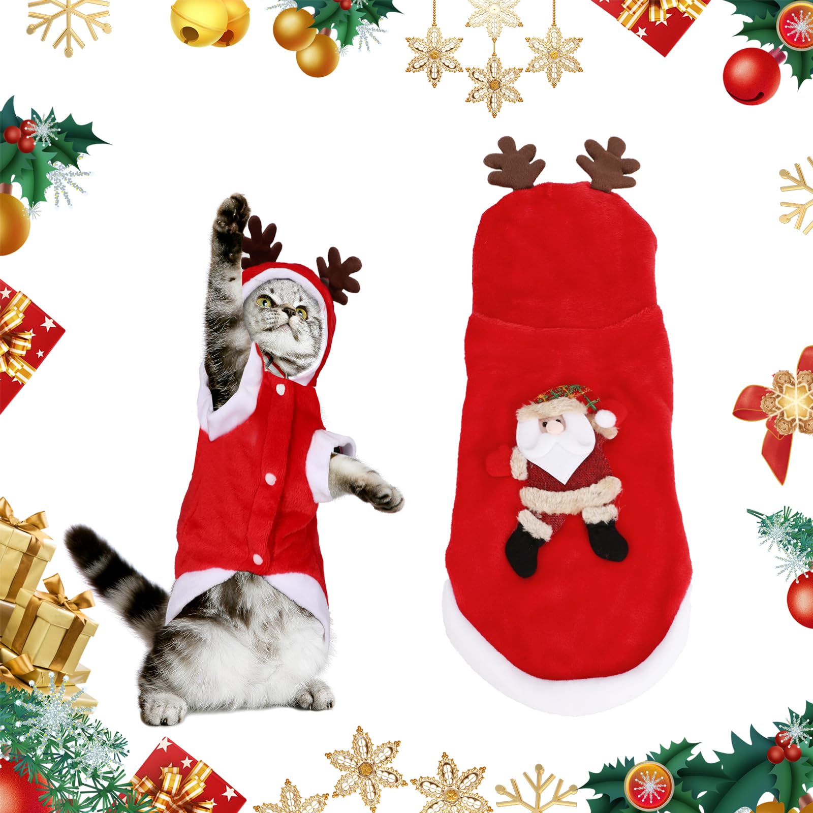 Pet Christmas Costume,Cat Christmas Outfit with Reindeer Hat, Lovely Dog Costume Cat Coat Warm Santa Hoodie Clothes (Medium)