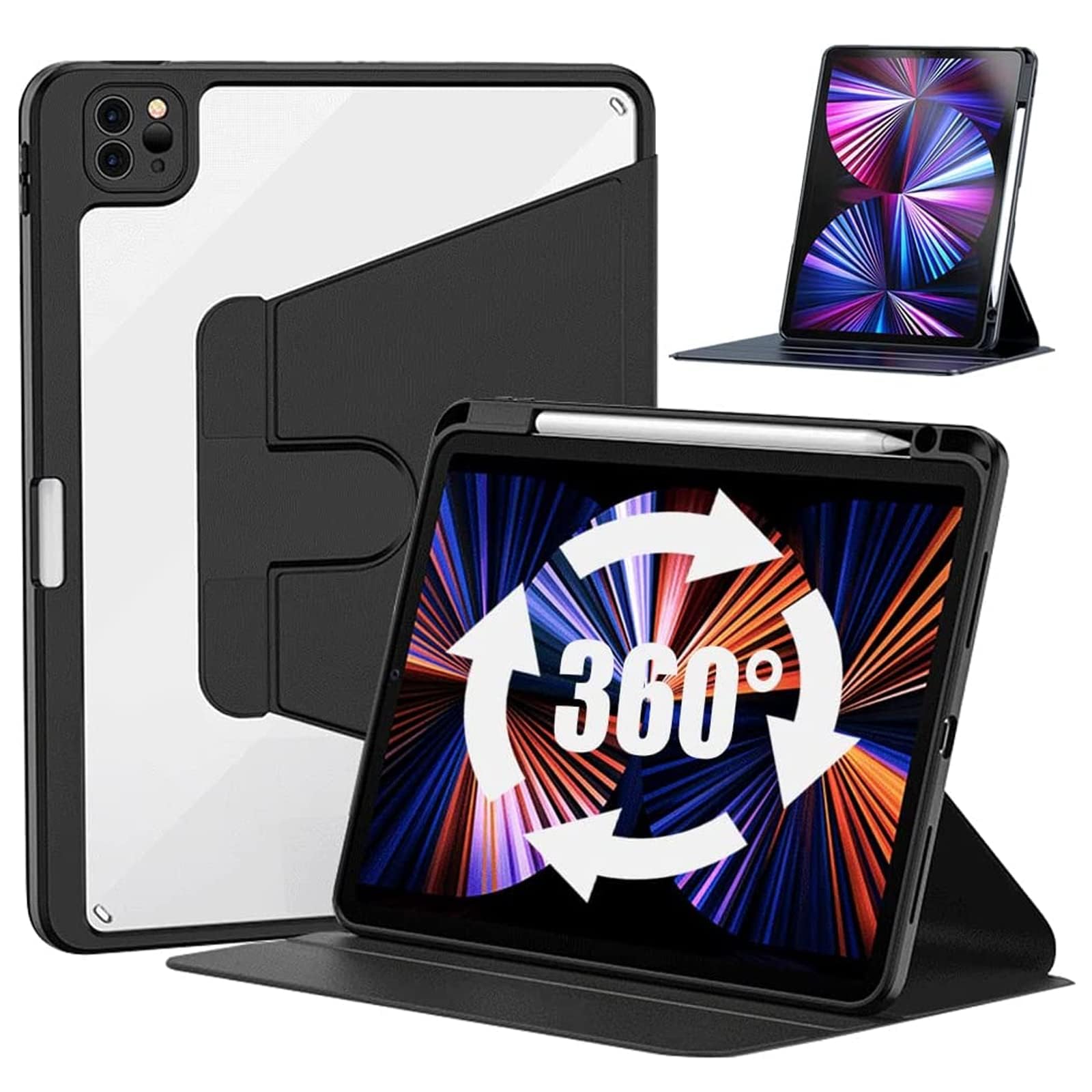 zenrich Case for iPad Air 5th/4th Generation 2022/2020, iPad Pro 11 inch 2022/2021/2020, Thin Protective Case with Auto Sleep/Wake Cover Rotating Stand Pencil Charging Holder for Air 5/4 10.9, Black
