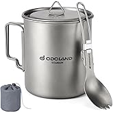 Odoland Camping Titanium Pot With 750ML Mug, Coffee Cup With Lid and Spork, Foldable Handle for Hiking, Traveling and Backpac