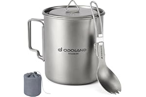 Odoland Camping Titanium Pot With 750ML Mug, Coffee Cup With Lid and Spork, Foldable Handle for Hiking, Traveling and Backpac