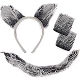 KICOSY Grey Wolf Costume Set - Wolf Ears Headband, Tail, Gloves & Outfit Accessories for Adults - Halloween, Animal Party, Cosplay