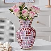 WLGRANJIA Pink Mosaic Glass Flower Vase, 8.7 Inch Handmade Home Decorative Vase for Living Room, Kitchen, Wedding, Pink Vase for Home Decor(Large)
