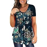 BeadChica Women's Plus Size Tunic Tops Casual Flowy Tshirts Ruched Botton Up Short Sleeve Blouses-Printing-XL
