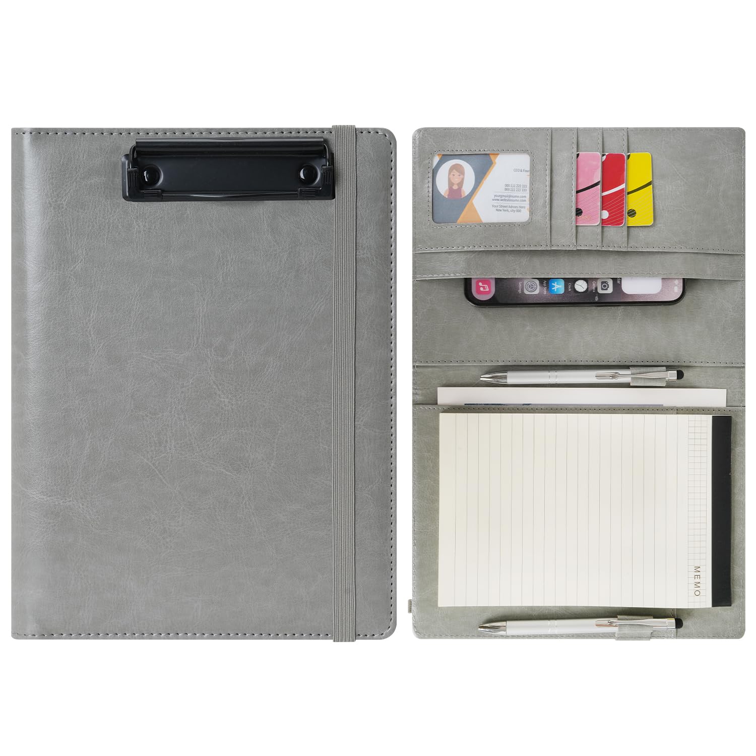 Wonderpool A5 Faux Leather Clipboard Partfolio Recipe Binder Notepad Forms Holders Document Case - Interview Planner Meeting Writing Padfolio File for Office Travel School (Grey, A5)