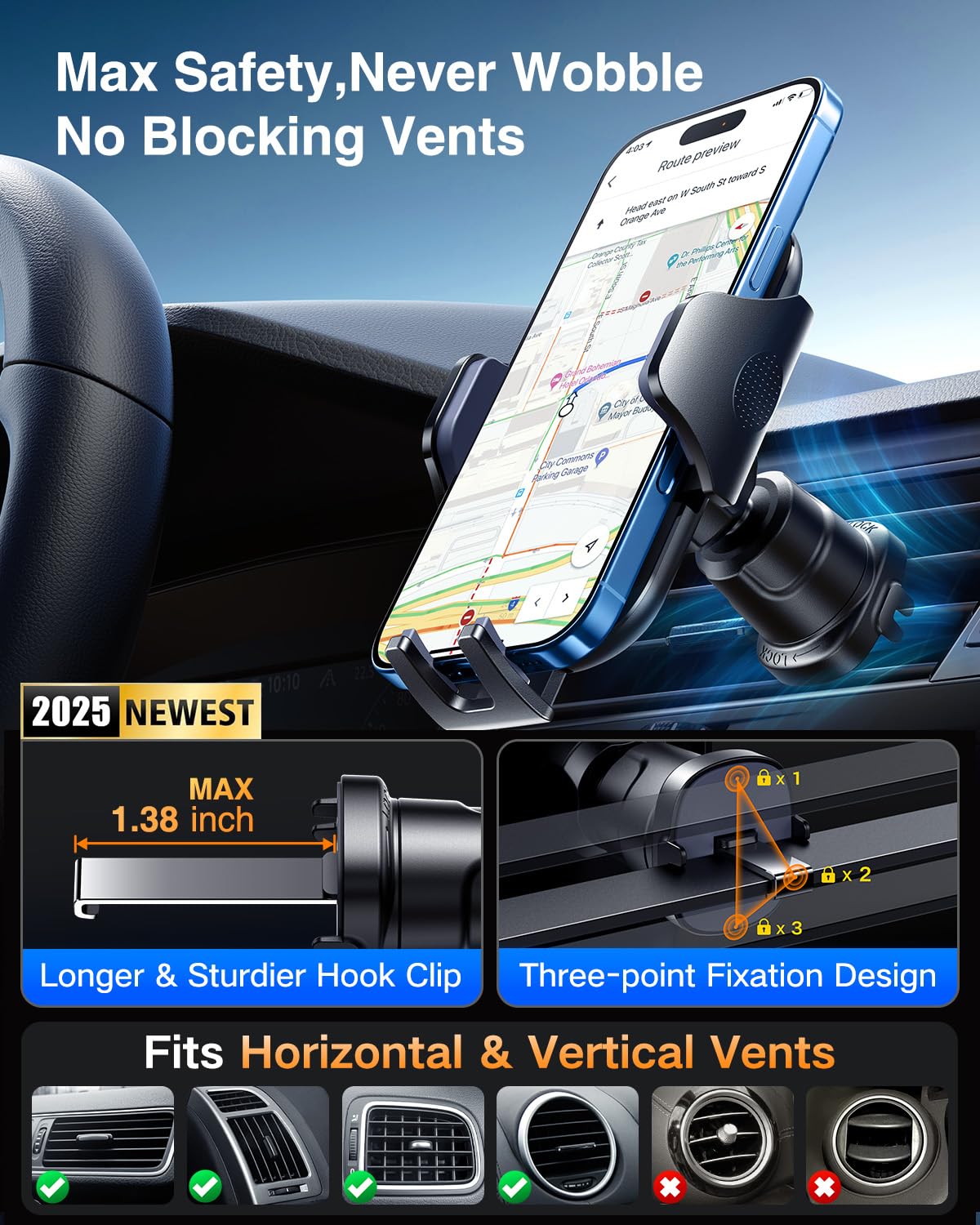 VANMASS Car Phone Holder Mount 2025 Upgraded [Patent Steel-Hook] Car Vent Phone Mount Clip Military-Grade Shockproof Cell Phone Car Mount Handsfree Truck Stand Vent Cradle for iPhone 16 Android,Black
