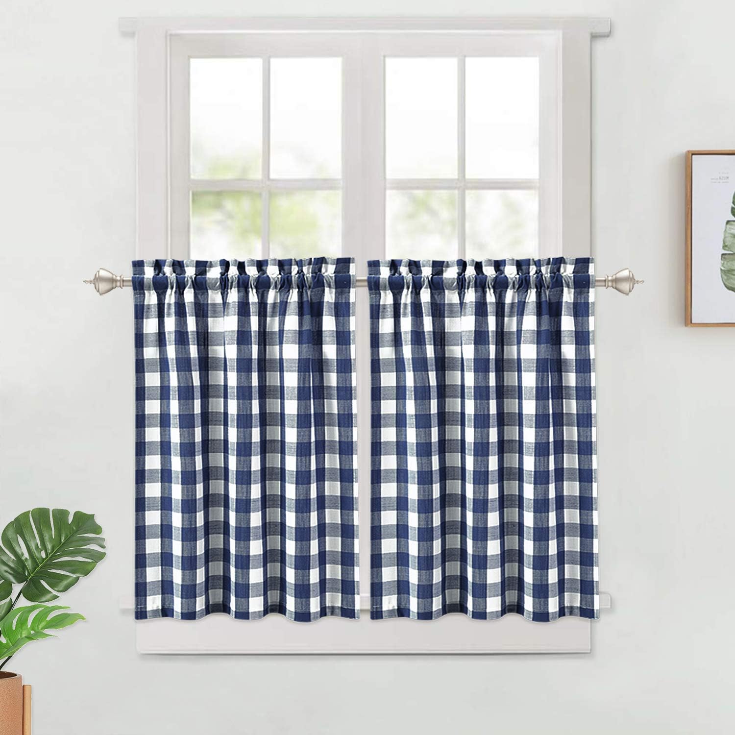 Haperlare Navy Blue Buffalo Plaid Tier Curtains for Kitchen Windows, Thick Yarn Dyed Café Curtains, Buffalo Check Gingham Pattern Half Window Curtain for Bathroom, 28" x 30", Navy Blue, Set of 2