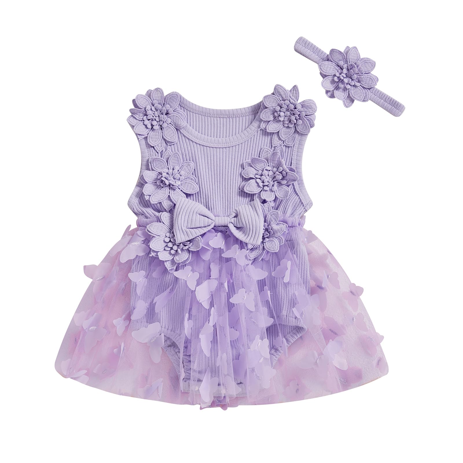 Photo 1 of Newborn Baby Girl Lace Romper Dress Sleeveless Floral Lace Outfits Summer Toddler Clothes with Headband (Purple Butterfly, 6-9 Months)