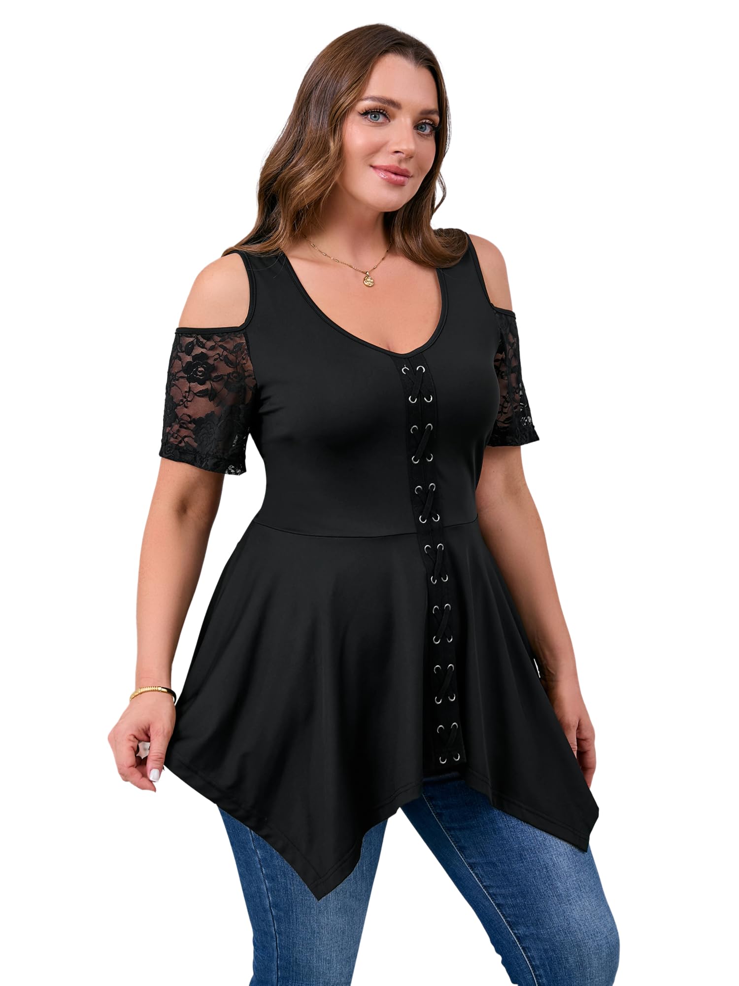 Photo 1 of 2XL.  Plus Size Gothic Tops for Women - V-Neck Eyelet Peplum Top, Cold Shoulder Lace Sleeve Blouse with Asymmetric Hem Black