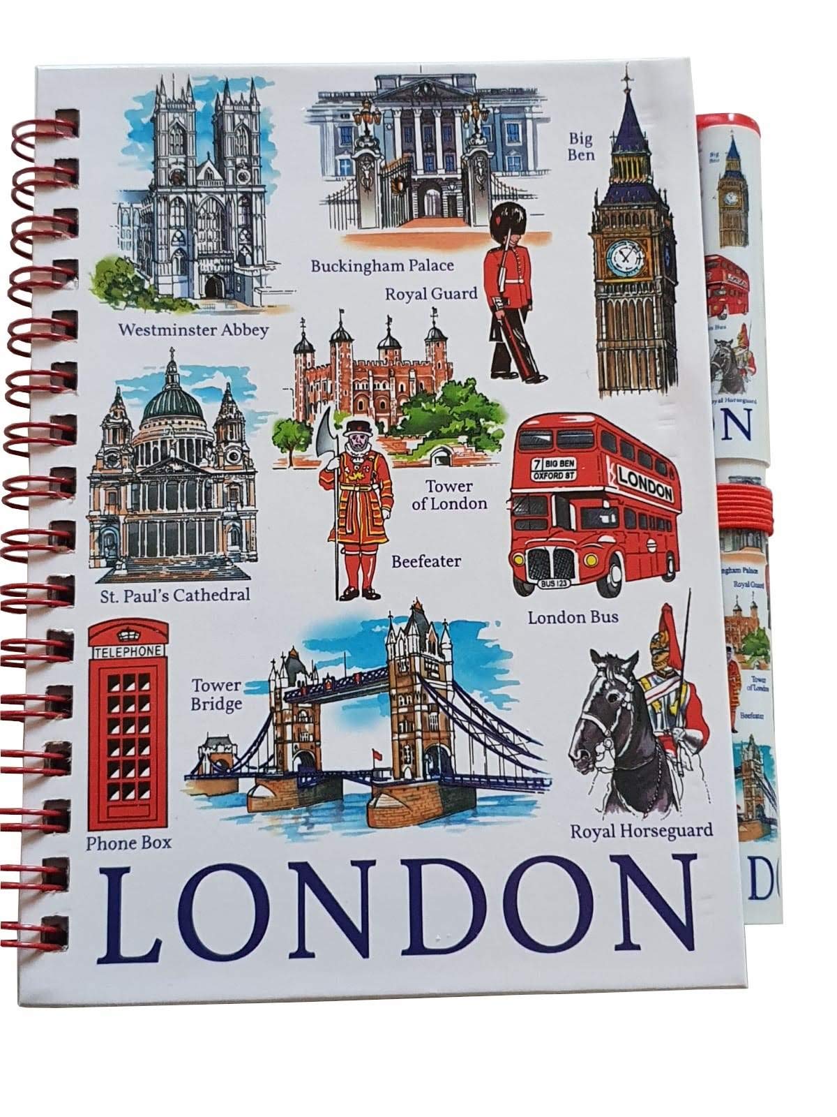 London Icons Notebook and Pen - A6 Size/Matching Design/Wirebound Notepad/Big Ben/Westminster/Red Bus/Royal Horse Guard/Beefeater/Tower Bridge/St. Paul's/Telephone Box/British Souvenir from England UK