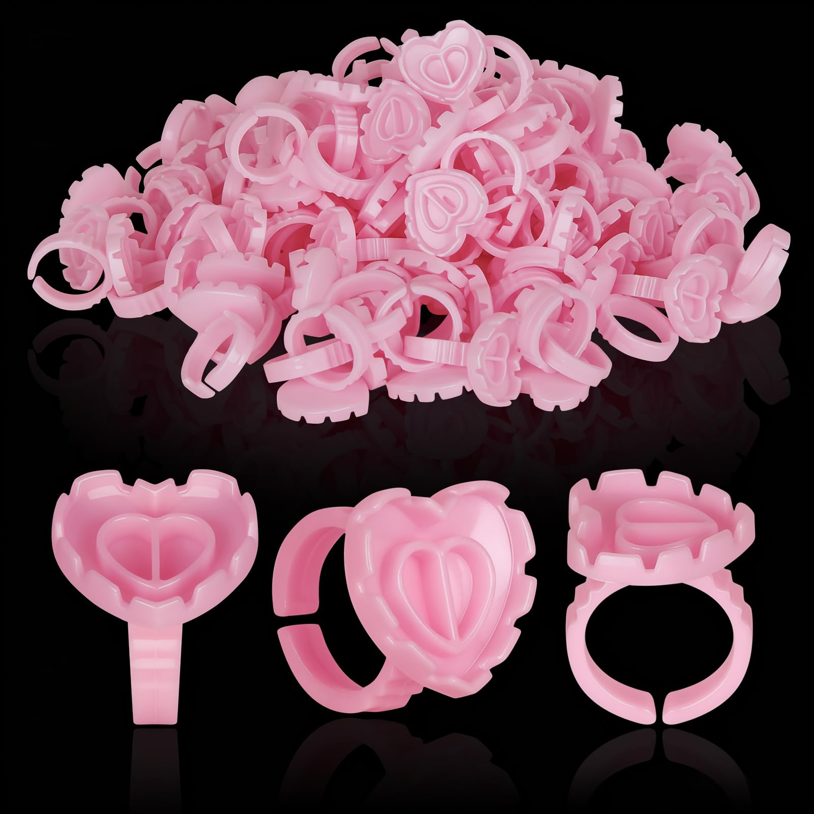 Photo 1 of 100PCS Glue Rings,Lovely Heart Shape,Lash Glue Holder Disposable Smart Lash Rings for Eyelash Extensions Blooming Volume Fanning No Spill Cups(Pink)