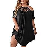 Verdusa Women's Plus Size Dresses Summer Contrast Lace Cold Shoulder Short Sleeve Loose Casual T Shirt Dress