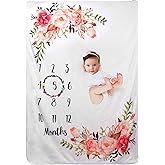 Baby Monthly Milestone Blanket for Boy Girl Soft Floral Memory Blanket Newborn Growth Chart Milestone Blanket Cute Photo Background Blanket with Wreath (51x40In)