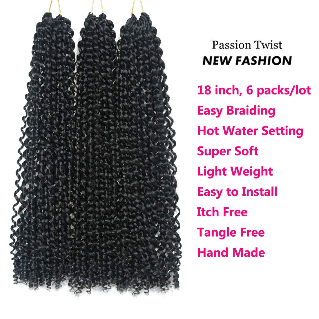 18 inch Passion Twist Crochet Hair 6 packs/lot Water Wave Crochet Braiding Hair Long Bohemian Hair for Passion Twist Pre Looped Synthetic Natural Hair Extensions Soft Lightweight (1B#)