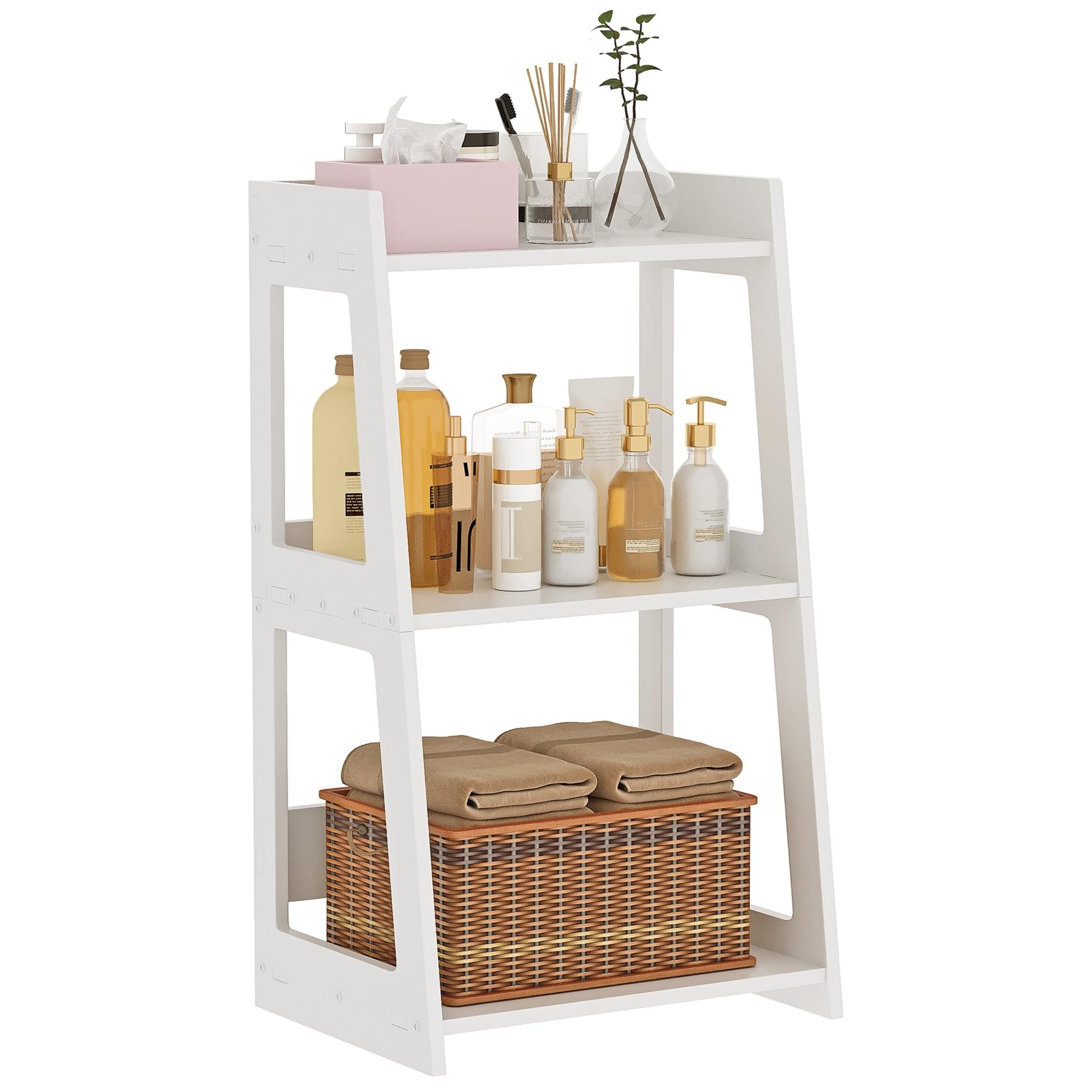 Photo 1 of POBOMULI 3-Tier Bathroom Ladder Shelf Freestanding, White Floor Shelves Open Shelving Unit, Small Bookshelf Nightstand for Home Study Laundry Room