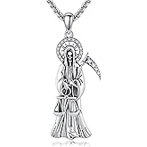 HUKKUN Santa Muerte Necklace Sterling Silver Cadena De la Sannta Muerte Grim Reaper Jewelry Gift for Men