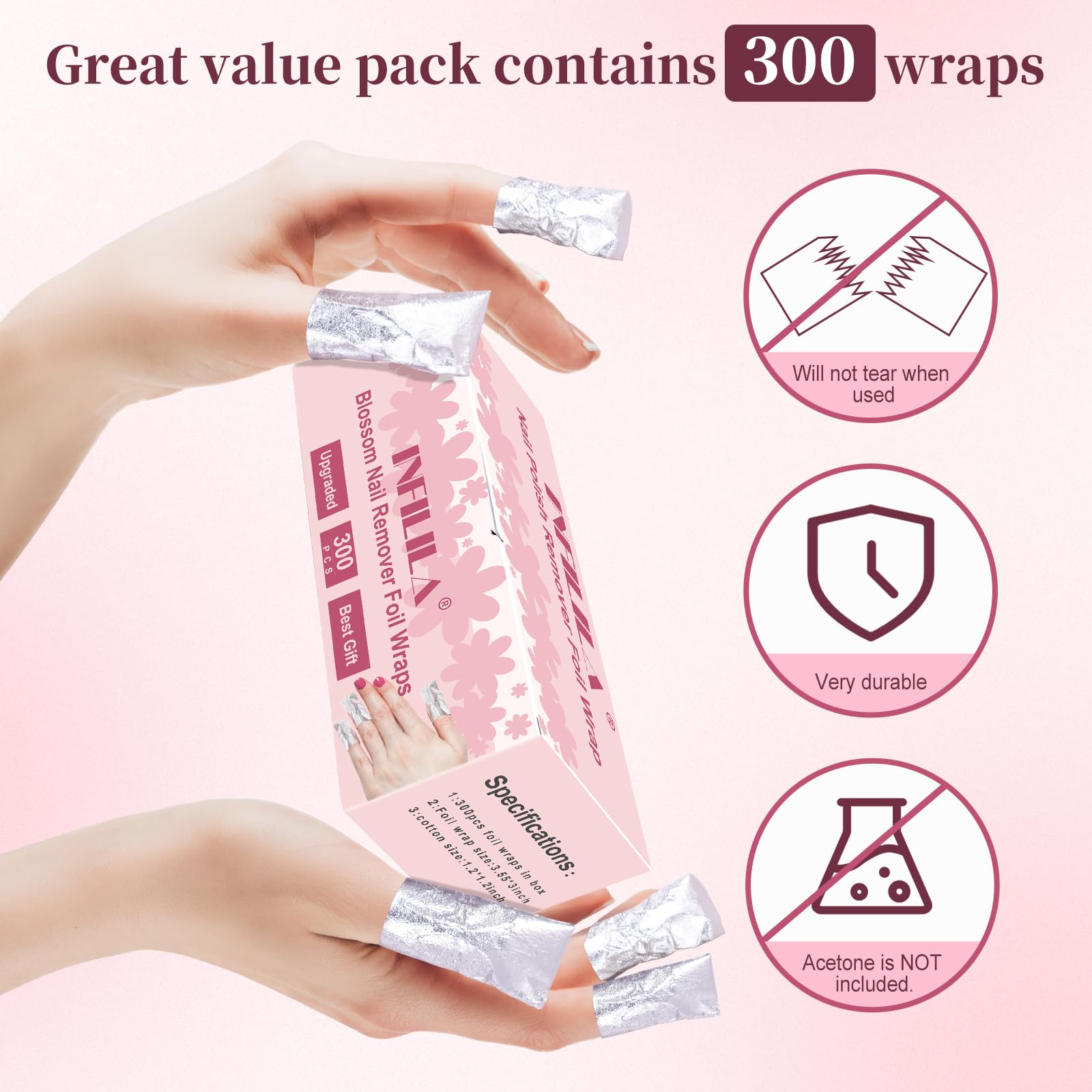 NXJ INFILILA Nail Foil - 300PCS Foil Nail Wraps Gel Nail Polish Remover Foil Wraps for Nails, Soak Off Gel Remover with Larger Cotton Pad for Removing Nail Polish at Home - Image 6