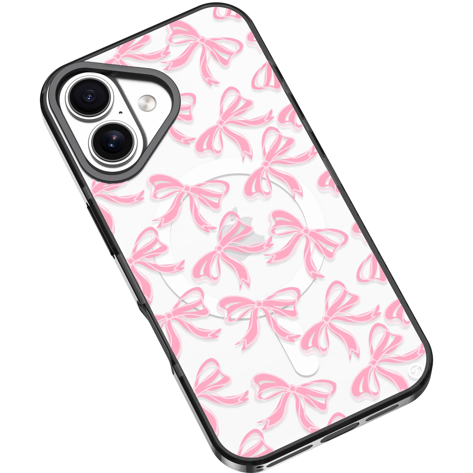 Photo 1 of Frepstudio Compatible for iPhone 16 Plus Case with Magsafe,Cute Pink Ribbon Bowknot Pattern Girly Aesthetic Clear Black Shockproof Phone Case Cover for Women Girls -Bows