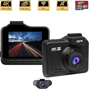Dash Cam Front and Rear, OnReal M1-4K Dash Cam, 2160P+1080P Dual Lens Car Dashboard Camera DVR with WiFi GPS, 170° Wide Angle, Night Vision, Parking Monitor, Loop Recording, G-Sensor, WDR, 32GB Card