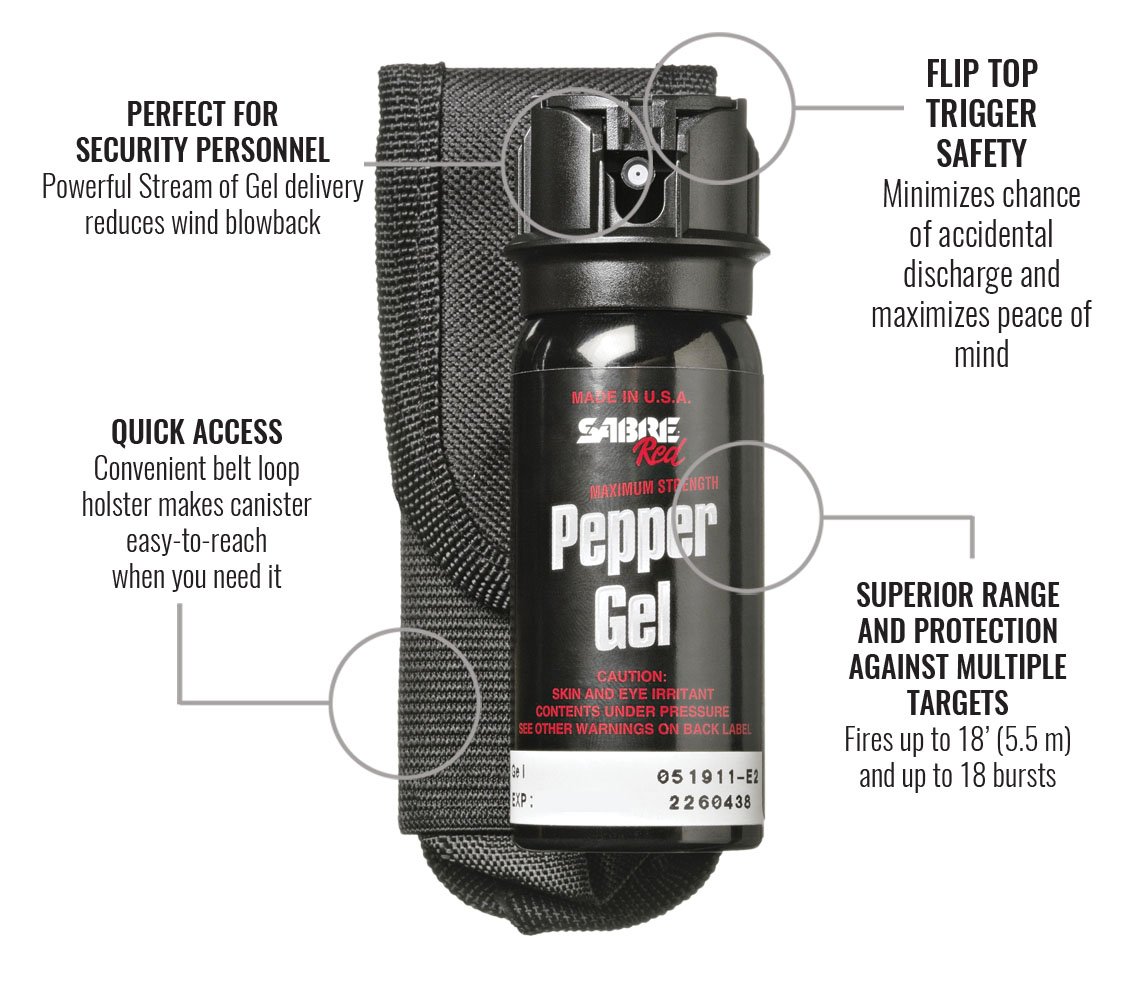 Amazon.com : SABRE Red Pepper Gel - Police Strength - Tactical Series with  18-Foot (5.5M) Range, 18 Bursts & Belt Holster : Pepper Spray : Sports &  Outdoors